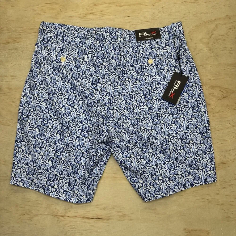 NEW RLX Ralph Lauren Classic Fit Water Repellent Fish Blue Golf Shorts Sz 34